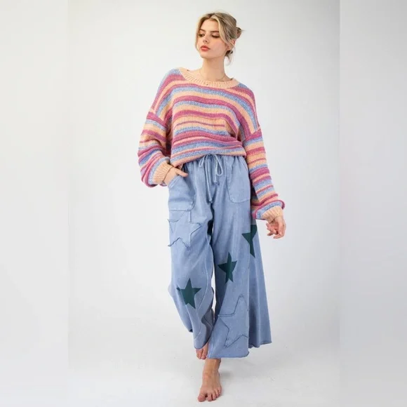 NWT Easel Blue Wide Leg Pants with Green Star Accents - Picture 4 of 5